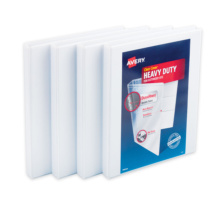 Avery Heavy-Duty Non Stick View Binder with DuraHinge and Slant Rings, 3 Rings, 0.5" Capacity, 11 x 8.5, White, 4/Pack (AVE79709)