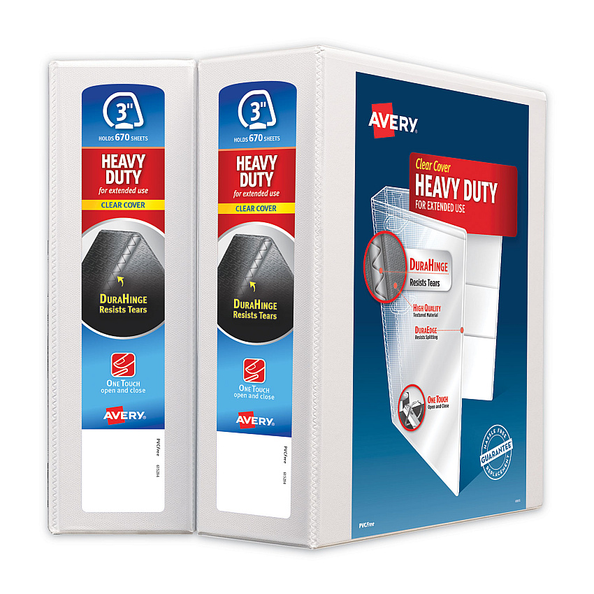 Avery Heavy-Duty Non Stick View Binder with DuraHinge and Slant Rings, 3 Rings, 3" Capacity, 11 x 8.5, White, 2/Pack (AVE79791)
