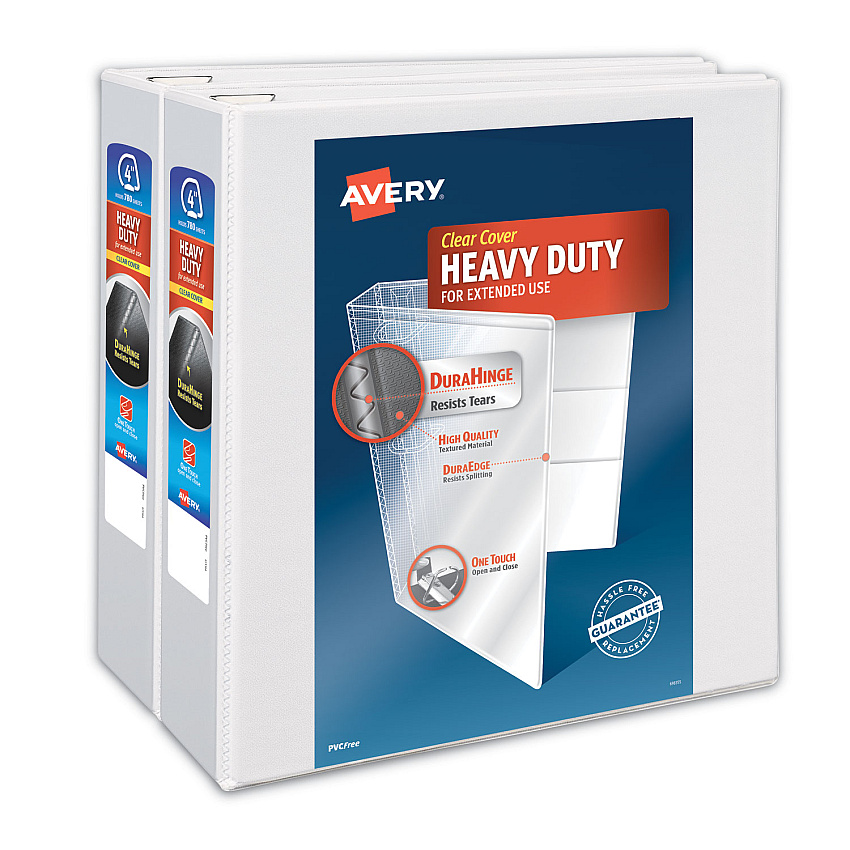 Avery Heavy-Duty Non Stick View Binder with DuraHinge and Slant Rings, 3 Rings, 4" Capacity, 11 x 8.5, White, 2/Pack (AVE79875)