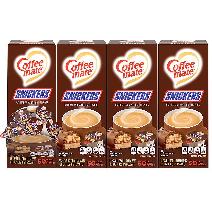 Coffee-mate Liquid Coffee Creamer, Snickers, 0.38 oz Mini Cups, 200 Cups/Carton (NES61425CT)