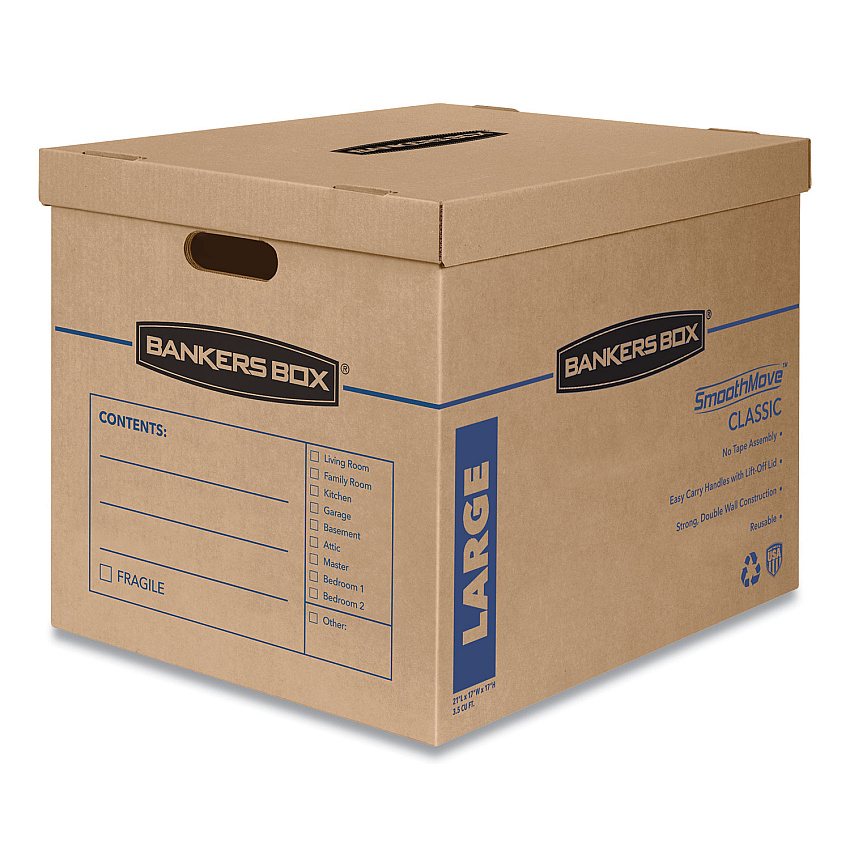 Bankers Box SmoothMove Classic Moving/Storage Boxes, Half Slotted Container (HSC), Large, 17" x 21" x 17", Brown/Blue, 5/Carton (FEL7718201)