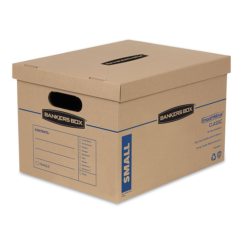 Bankers Box SmoothMove Classic Moving/Storage Boxes, Half Slotted Container (HSC), Small, 12" x 15" x 10", Brown/Blue, 15/Carton (FEL7714209)