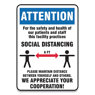 Accuform Social Distance Signs, Wall, 7 x 10, Patients and Staff Social Distancing, Humans/Arrows, Blue/White, 10/Pack (GN1MGNG903VPESP)