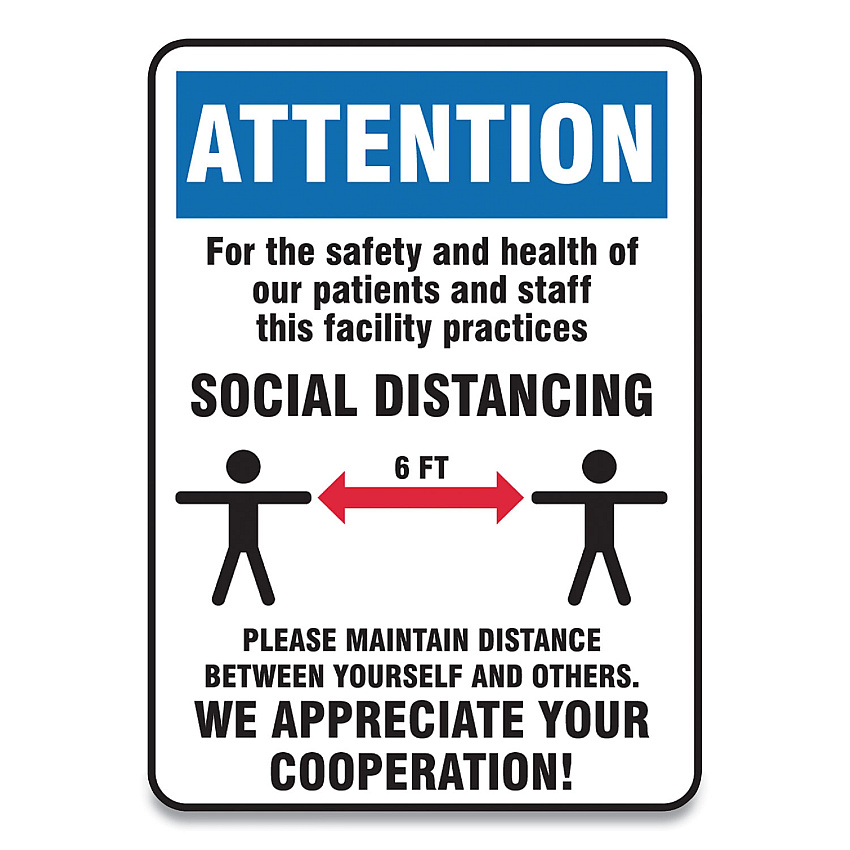Accuform Social Distance Signs, Wall, 7 x 10, Patients and Staff Social Distancing, Humans/Arrows, Blue/White, 10/Pack (GN1MGNG903VPESP)