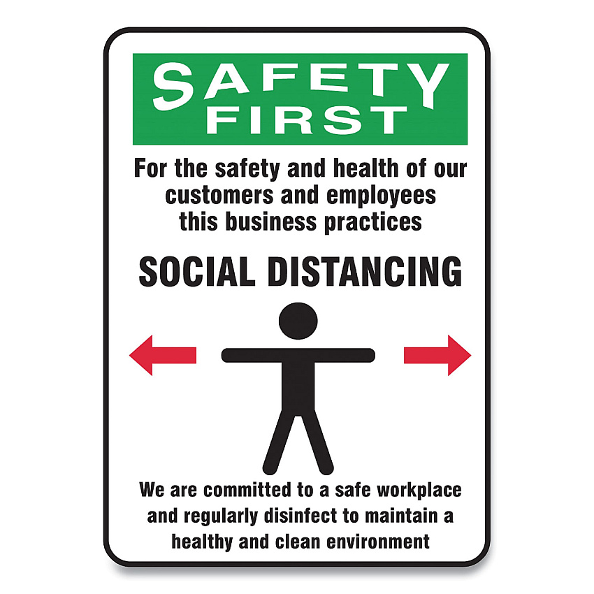 Accuform Social Distance Signs, Wall, 7 x 10, Customers and Employees Distancing Clean Environment, Humans/Arrows, Green/White, 10/PK (GN1MGNG909VPESP)