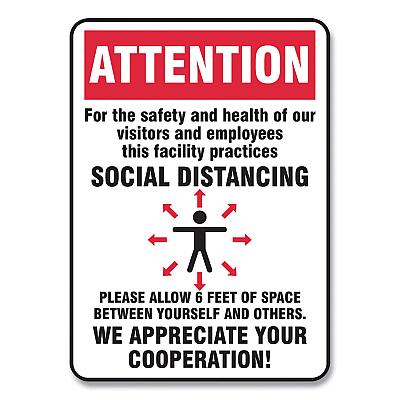 Accuform Social Distance Signs, Wall, 7 x 10, Visitors and Employees Distancing, Humans/Arrows, Red/White, 10/Pack (GN1MGNG902VPESP)