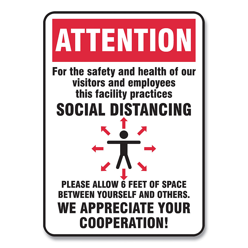 Accuform Social Distance Signs, Wall, 7 x 10, Visitors and Employees Distancing, Humans/Arrows, Red/White, 10/Pack (GN1MGNG902VPESP)