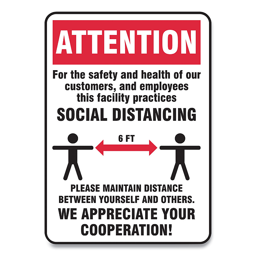 Accuform Social Distance Signs, Wall, 10 x 14, Customers and Employees Distancing, Humans/Arrows, Red/White, 10/Pack (GN1MGNG905VPESP)