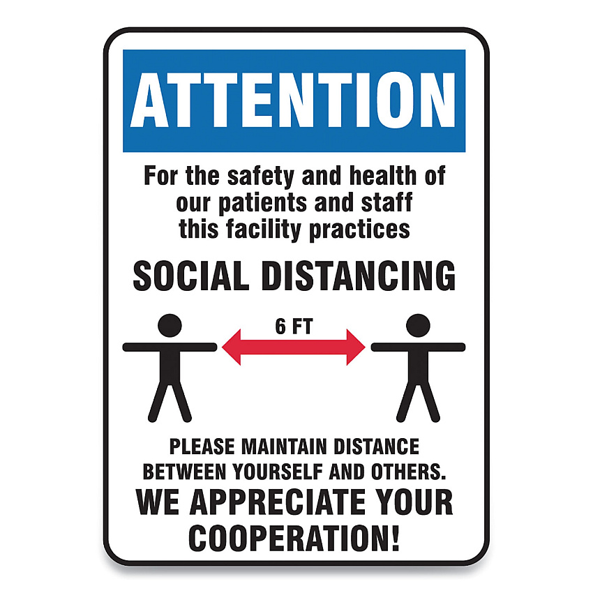 Accuform Social Distance Signs, Wall, 10 x 14, Patients and Staff Social Distancing, Humans/Arrows, Blue/White, 10/Pack (GN1MGNG907VPESP)