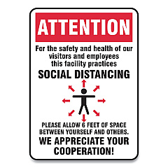 Accuform Social Distance Signs, Wall, 10 x 14, Visitors and Employees Distancing, Humans/Arrows, Red/White, 10/Pack (GN1MGNG906VPESP)