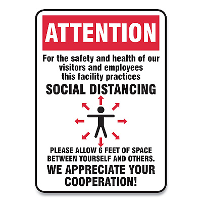 Accuform Social Distance Signs, Wall, 10 x 14, Visitors and Employees Distancing, Humans/Arrows, Red/White, 10/Pack (GN1MGNG906VPESP)