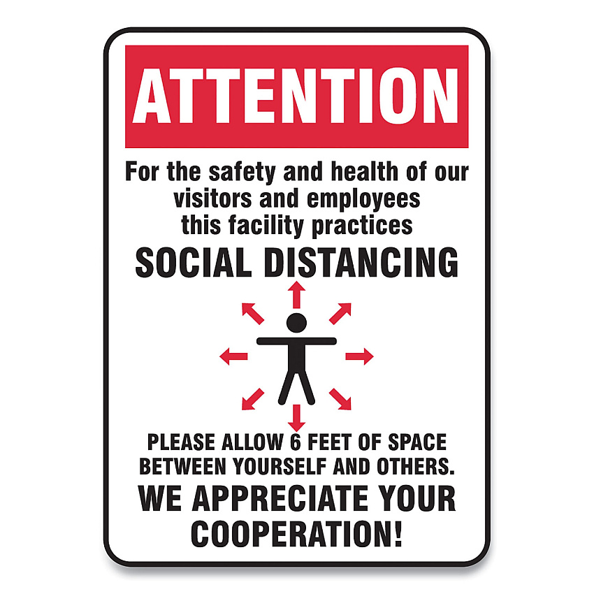 Accuform Social Distance Signs, Wall, 10 x 14, Visitors and Employees Distancing, Humans/Arrows, Red/White, 10/Pack (GN1MGNG906VPESP)
