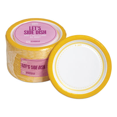 Perk Everyday Paper Plates, 6" dia, White/Yellow, 125/Pack (PRK24375258)
