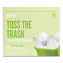 Perk Tab-Tie Tall Kitchen Trash Bags, Tie-Flap, 13 gal, 28" x 24", White, 80/Box (PRK24377881)