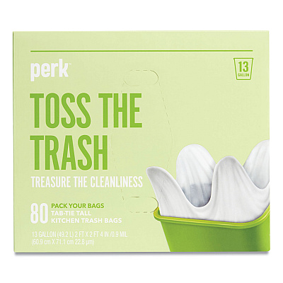 Perk Tab-Tie Tall Kitchen Trash Bags, Tie-Flap, 13 gal, 28" x 24", White, 80/Box (PRK24377881)