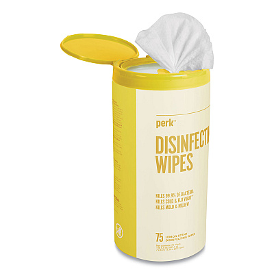 Perk Disinfecting Wipes, 7 x 8, Lemon, White, 75 Wipes/Canister (PRK24411134)