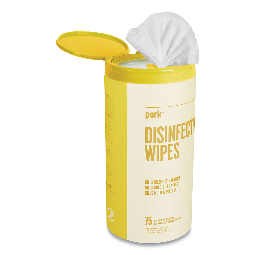 Perk Disinfecting Wipes, 7 x 8, Lemon, White, 75 Wipes/Canister (PRK24411134)