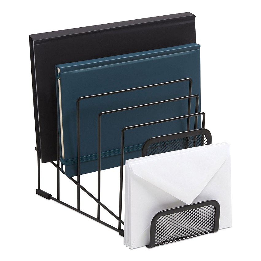 TRU RED Metal Incline Sorter with Wire Mesh Mobile Device Holder, 6 Sections, 7.48 x 8.77 x 7.55, Matte Black (TUD24402460)