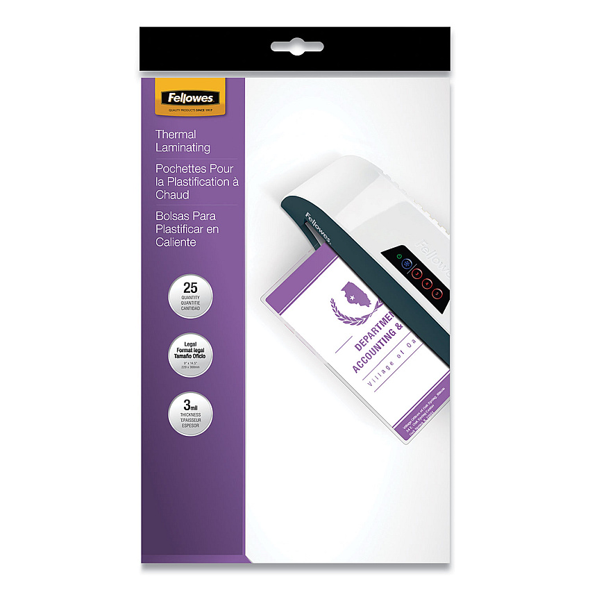 Fellowes Laminating Pouches, 3 mil, 9" x 14.5", Gloss Clear, 25/Pack (FEL52006)