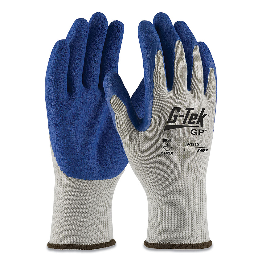 G-Tek GP Latex-Coated Cotton/Polyester Gloves, Large, Gray/Blue, 12 Pairs (PID391310L)