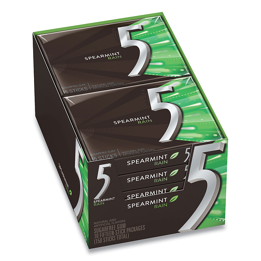 Wrigley's 5 Gum, Spearmint Rain, 15 Sticks/Pack, 10 Packs/Box (WRIWMW51404)