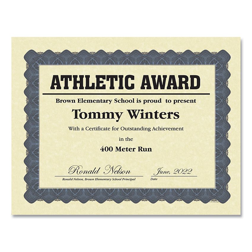 Great Papers Metallic Border Certificates, 11 x 8.5, Ivory/Blue with Blue Border, 100/Pack (GRP934400)