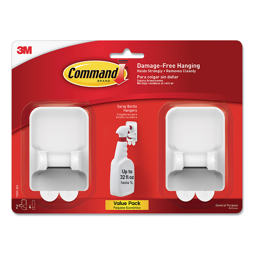 Command Spray Bottle Holder, 2.34w x 1.69d x 3.34h, White, 2 Hangers/4 Strips/Pack (MMM170092ES)