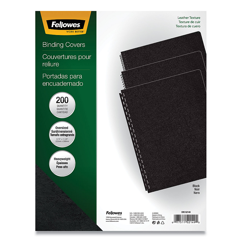 Fellowes Executive Leather-Like Presentation Cover, Black, 11.25 x 8.75, Unpunched, 200/Pack (FEL52149)