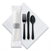 Hoffmaster CaterWrap Cater to Go Express Cutlery Kit, Fork/Knife/Spoon/Napkin, Black, 100/Carton (119901)