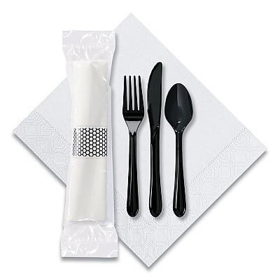 Hoffmaster CaterWrap Cater to Go Express Cutlery Kit, Fork/Knife/Spoon/Napkin, Black, 100/Carton (HFM119901)