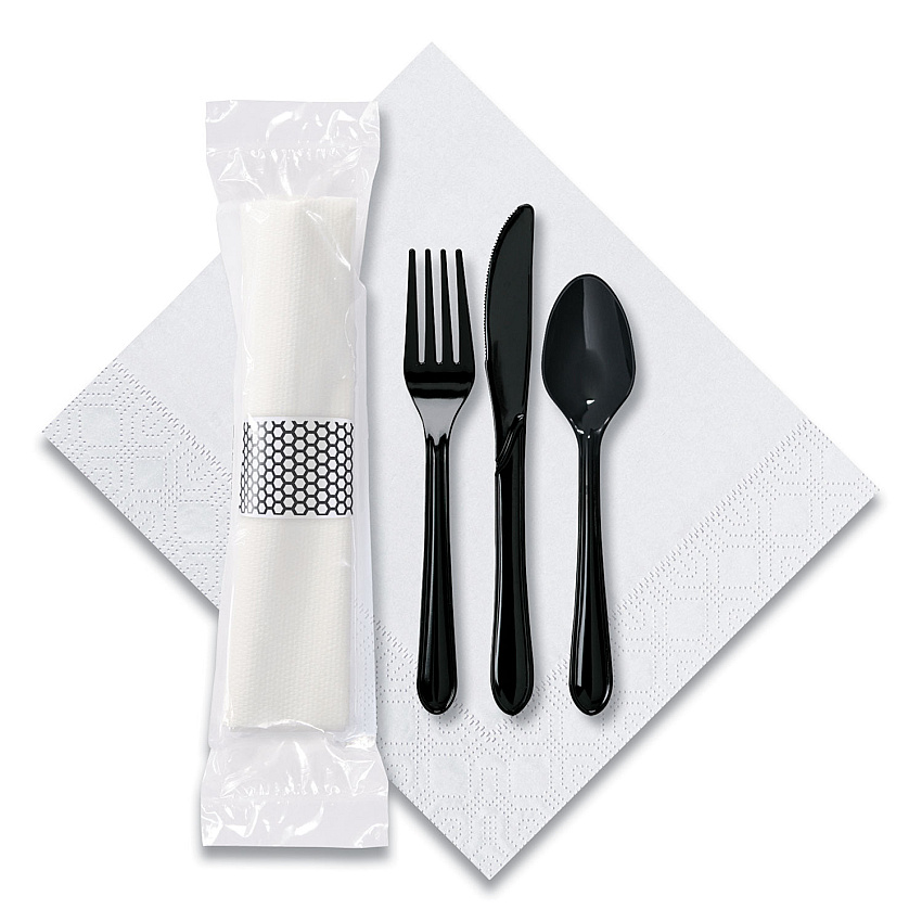 Hoffmaster CaterWrap Cater to Go Express Cutlery Kit, Fork/Knife/Spoon/Napkin, Black, 100/Carton (HFM119901)