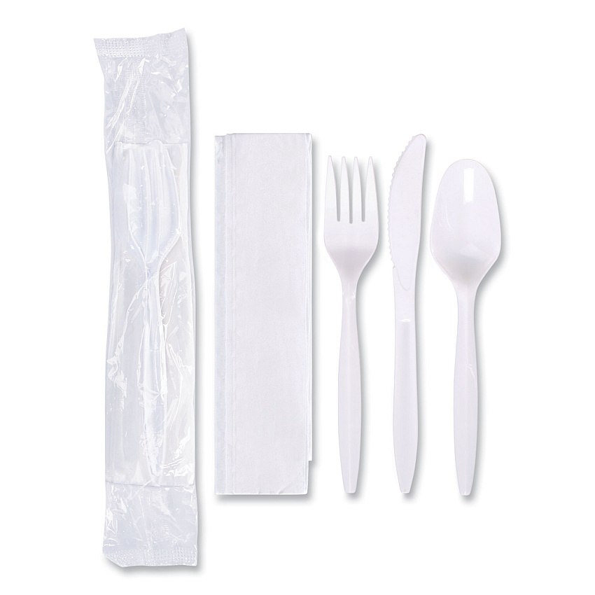 Hoffmaster Economy Cutlery Kit, Fork/Knife/Spoon/Napkin, White, 250/Carton (HFM117799)