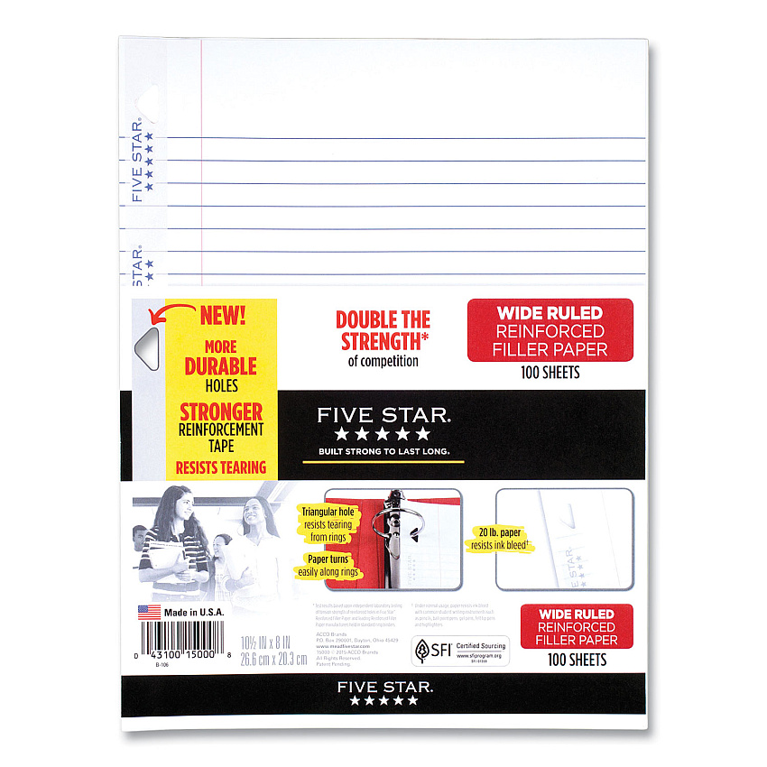 Five Star Reinforced Filler Paper, 3-Hole, 8 x 10.5, Wide/Legal Rule, 100/Pack (ACC1506)
