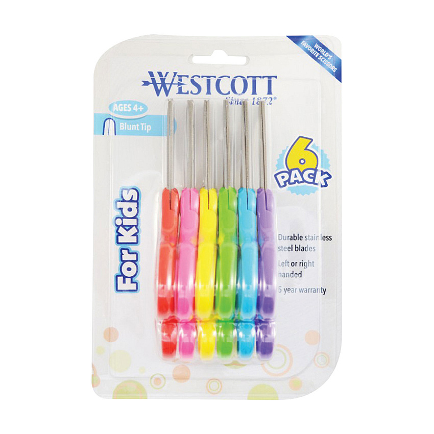 Westcott For Kids Scissors, Rounded Tip, 5" Long, 1.75" Cut Length, Straight Assorted Color Handles, 6/Pack (ACM16454)