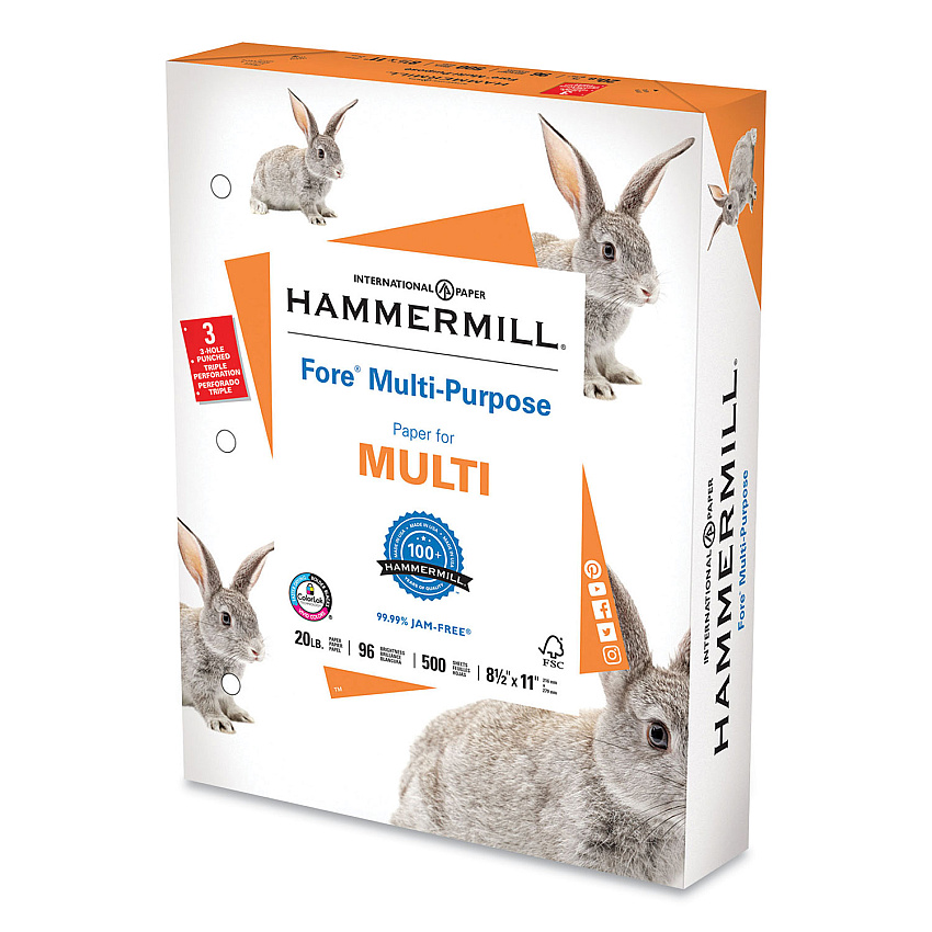 Hammermill Fore Multipurpose Print Paper, 96 Bright, 3-Hole, 20 lb Bond Weight, 8.5 x 11, White, 500 Sheets/Ream (HAM103275)