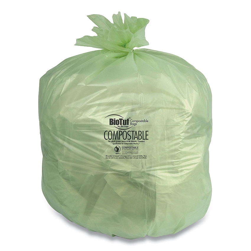 Heritage Biotuf Compostable Can Liners, 48 gal, 0.8 mil, 42" x 48", Green, 25 Bags/Roll, 5 Rolls/Carton (HERY8448EER01)