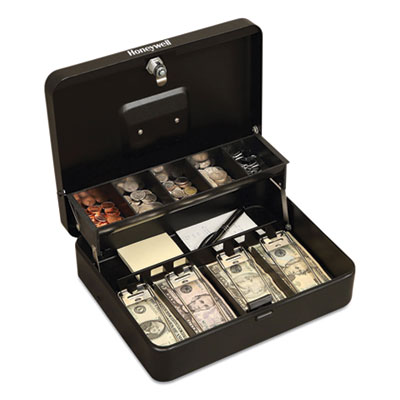 Honeywell Tiered CantiDoor Lever Cash Box, 4 Bill, 5 Coin Slots, Key Lock, 11.9 x 9.7 x 3.5, Steel, Black (HWL6213)