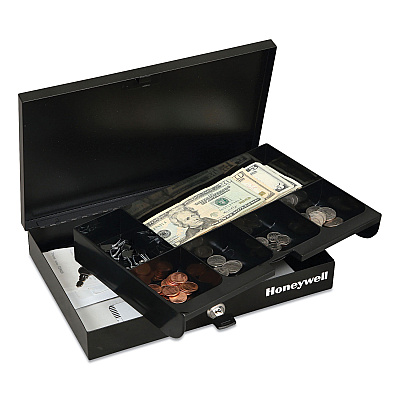 Honeywell Low Profile Cash Box,1 Bill, 5 Coin Slots, Key Lock, 11.6 x 8 x 1.9, Steel, Black (HWL6212)