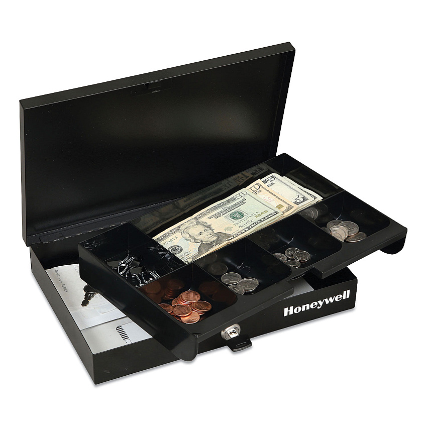Honeywell Low Profile Cash Box,1 Bill, 5 Coin Slots, Key Lock, 11.6 x 8 x 1.9, Steel, Black (HWL6212)