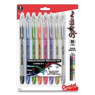Pentel Sparkle Pop Metallic Gel Pen, Stick, Bold 1 mm, Assorted Ink Colors, Clear Barrel, 8/Pack (PENK91BPS8M)