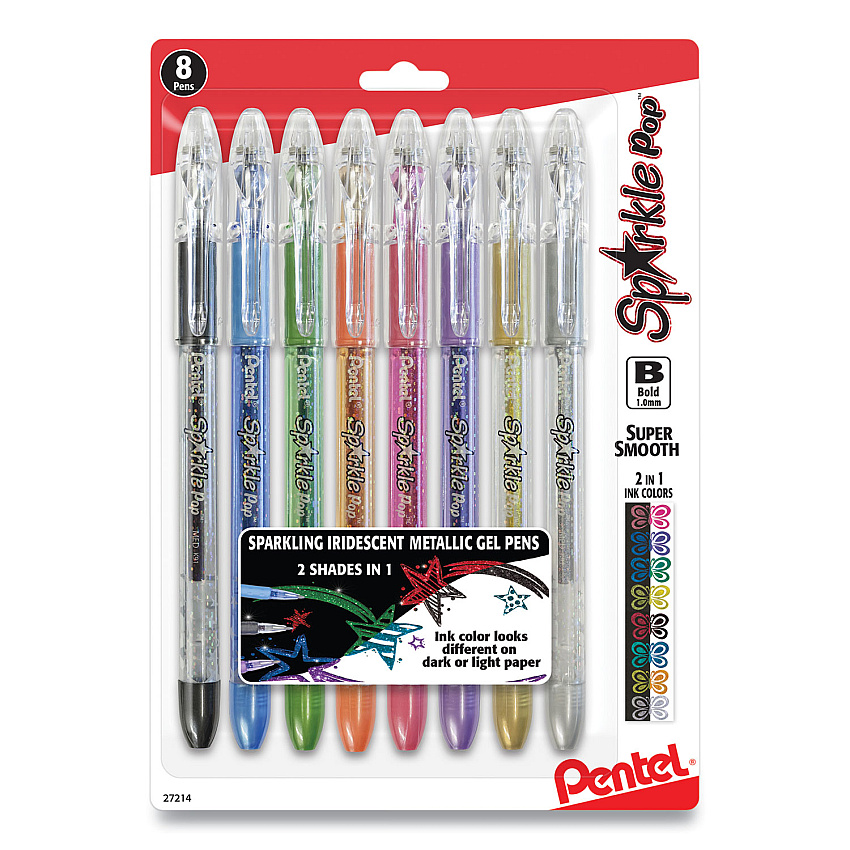 Pentel Sparkle Pop Metallic Gel Pen, Stick, Bold 1 mm, Assorted Ink Colors, Clear Barrel, 8/Pack (PENK91BPS8M)