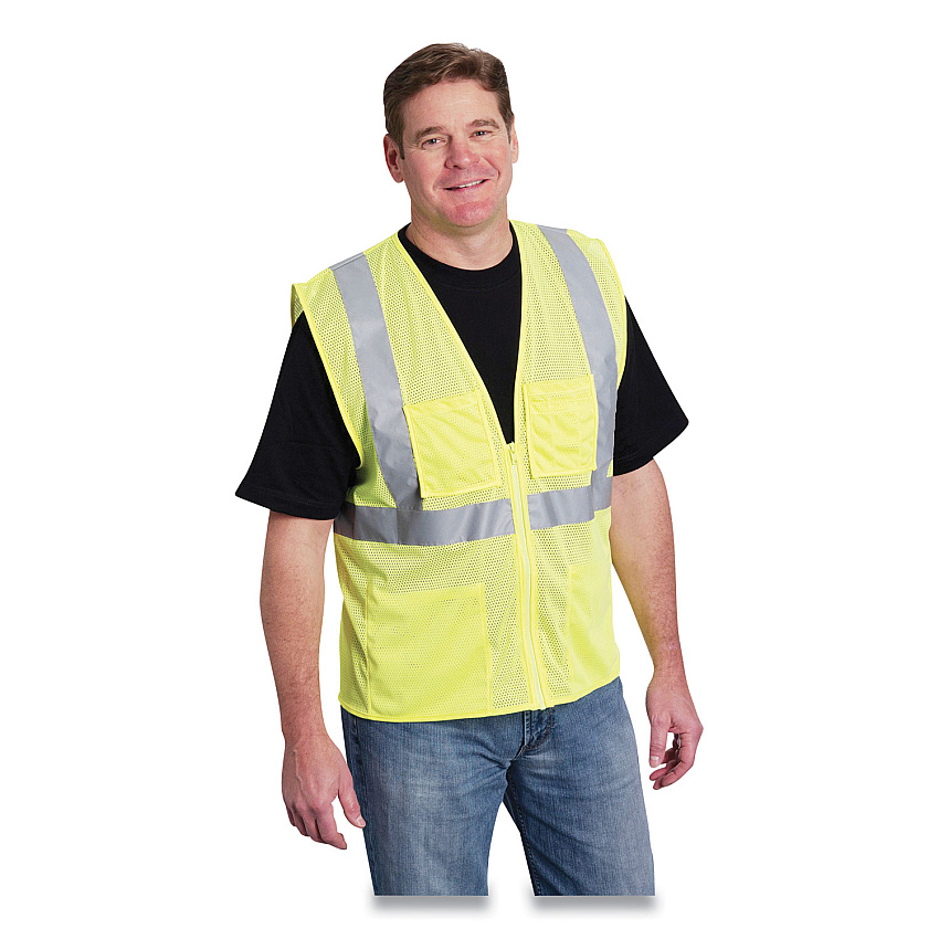 PIP ANSI Class 2 Four Pocket Zipper Safety Vest, Polyester Mesh, X-Large, Hi-Viz Lime Yellow (PIDMVGZ4PLYXL)