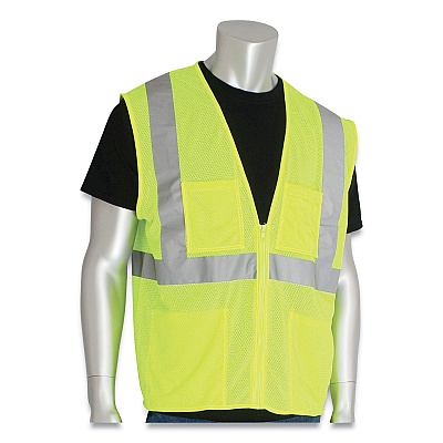 PIP ANSI Class 2 Four Pocket Zipper Safety Vest, Polyester Mesh, 4X-Large, Hi-Viz Lime Yellow (PIDMVGZ4PLY4X)