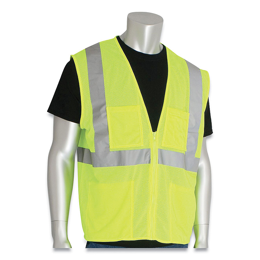 PIP ANSI Class 2 Four Pocket Zipper Safety Vest, Polyester Mesh, 4X-Large, Hi-Viz Lime Yellow (PIDMVGZ4PLY4X)