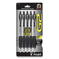 Pilot G2 Premium Gel Pen, Retractable, Extra-Fine 0.38 mm, Black Ink, Clear/Black Barrel, 5/Pack (PILG23C5BLK)