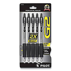 Pilot G2 Premium Gel Pen, Retractable, Extra-Fine 0.38 mm, Black Ink, Clear/Black Barrel, 5/Pack (PILG23C5BLK)