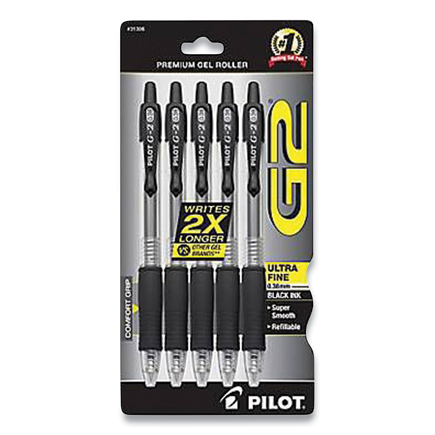 Pilot G2 Premium Gel Pen, Retractable, Extra-Fine 0.38 mm, Black Ink, Clear/Black Barrel, 5/Pack (PILG23C5BLK)