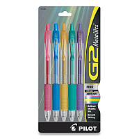 Pilot G2 Metallics Gel Pen, Retractable, Fine 0.7 mm, Assorted Metallic Ink Colors, Assorted Barrel Colors, 5/Pack (PIL34404)