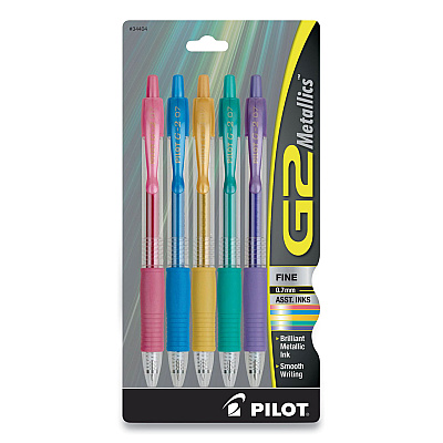 Pilot G2 Metallics Gel Pen, Retractable, Fine 0.7 mm, Assorted Metallic Ink Colors, Assorted Barrel Colors, 5/Pack (PIL34404)