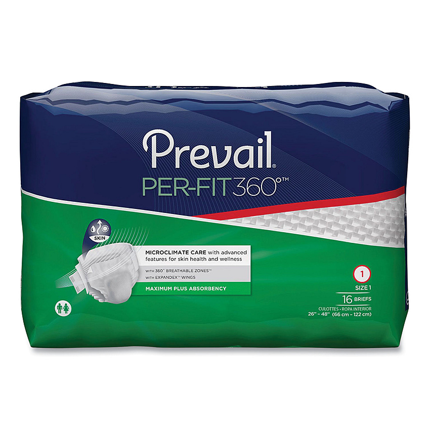 Prevail Per-Fit360 Degree Briefs, Maximum Plus Absorbency, Size 1, 26" to 48" Waist, 96/Carton (PVLPFNG012)